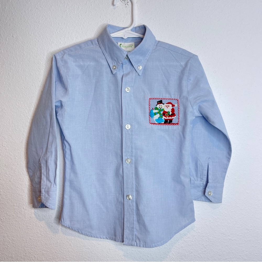 zuccini smocked santa snowman button down shirt